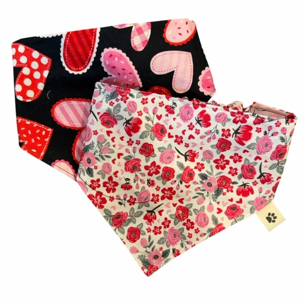 Floral and Hearts Reversible Scrunchie Handmade Dog Bandana - Pink and White